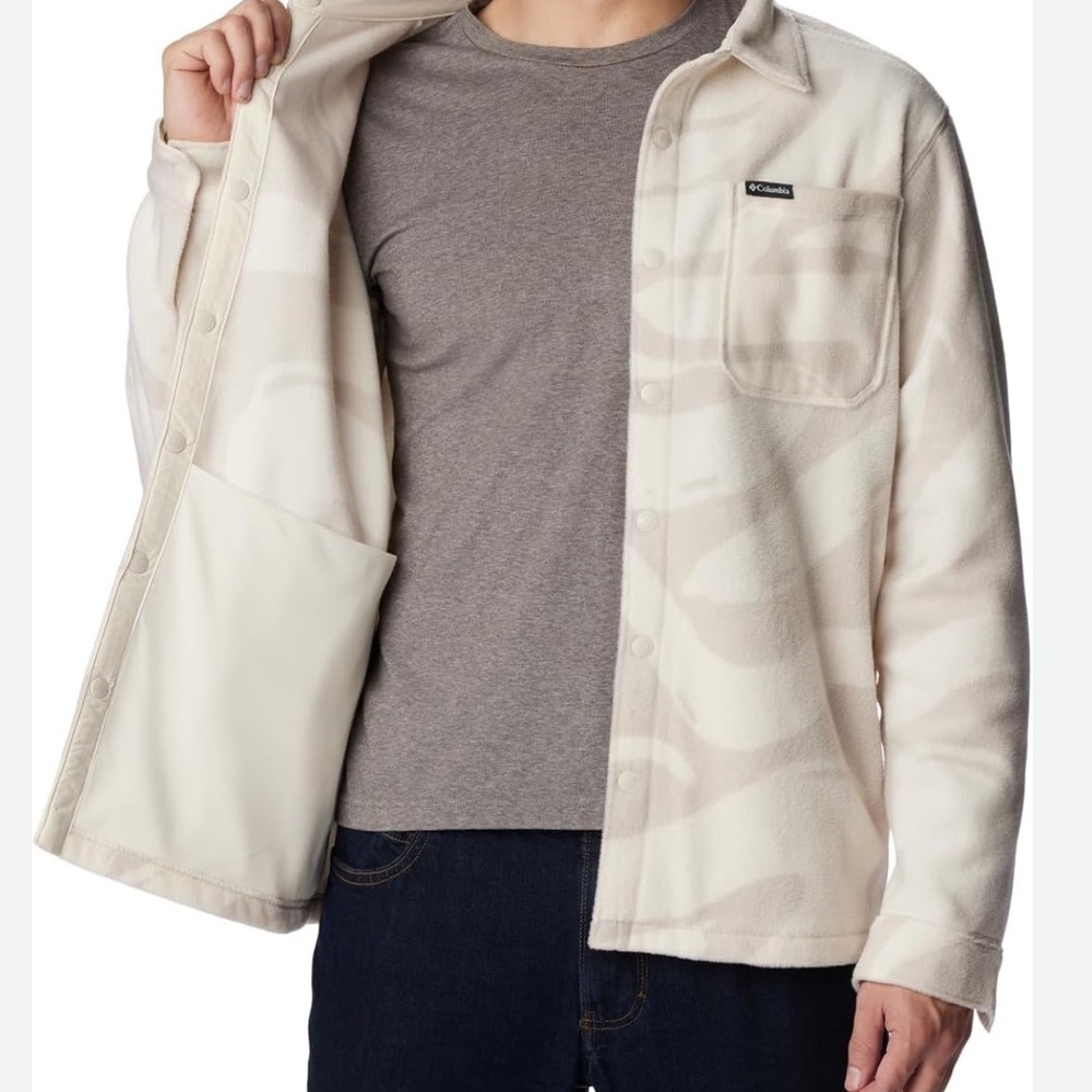 Columbia Mens Fleece Shirt Jacket Medium‎ Button Front Beige Patterned